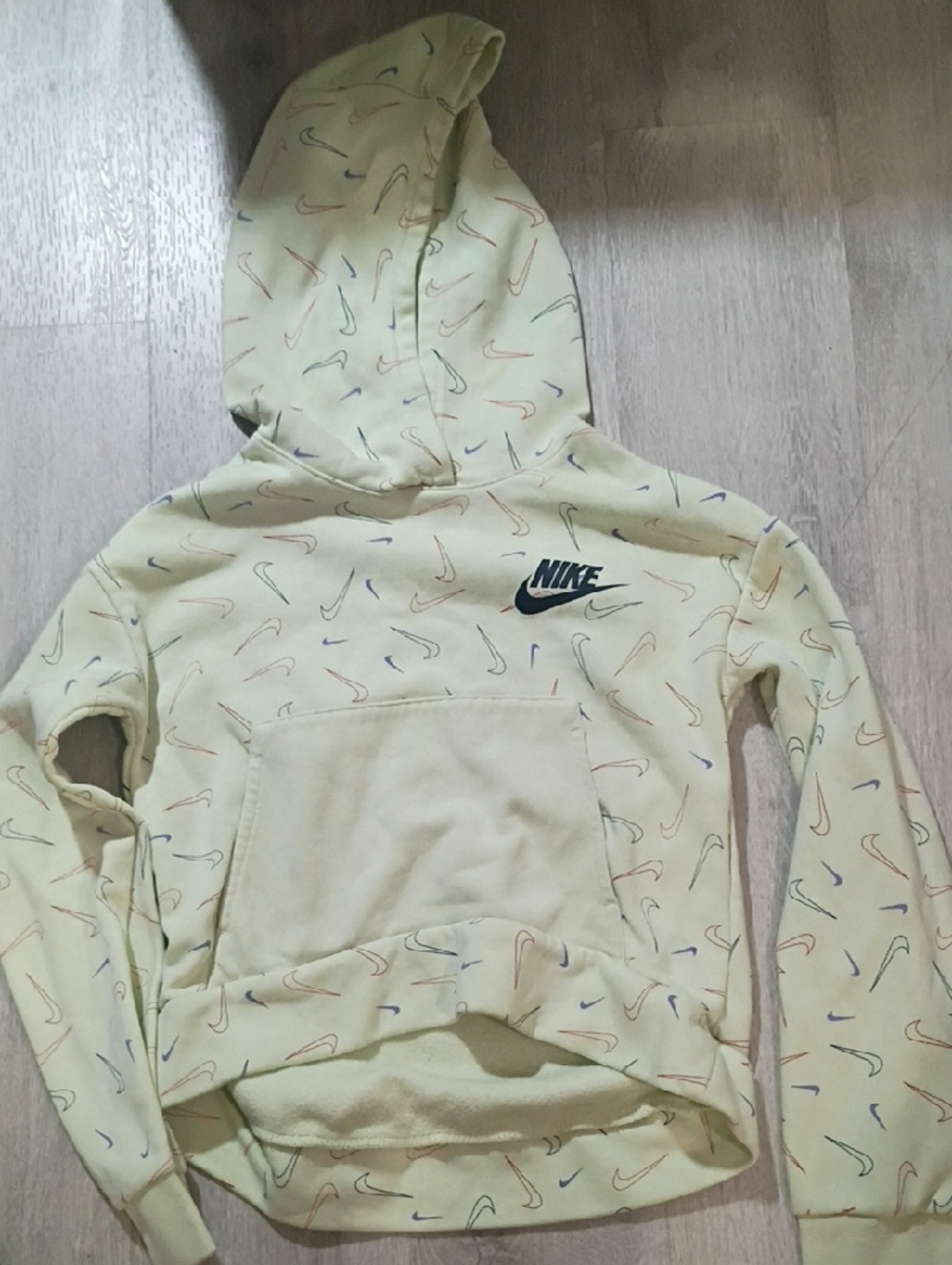Nike Kids Pale Yellow Hoodie with Multicolor Swoosh Print